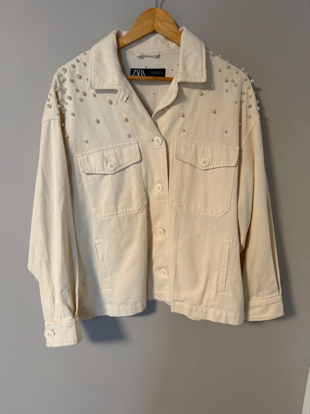 Zara Pearl Embellished Denim Overshirt Jacket | M